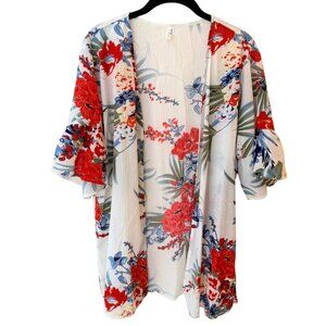 L Love, white floral, open front kimono, floral print, M, like new